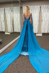 Velvet Blue Prom Dress Mermaid Beaded V-Neck Long Formal Dress With Cape